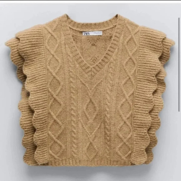 Zara  Cable Knit Ruffle Sweater Vest Alpaca Wool Blend Tan NWT Size Medium - Picture 5 of 10